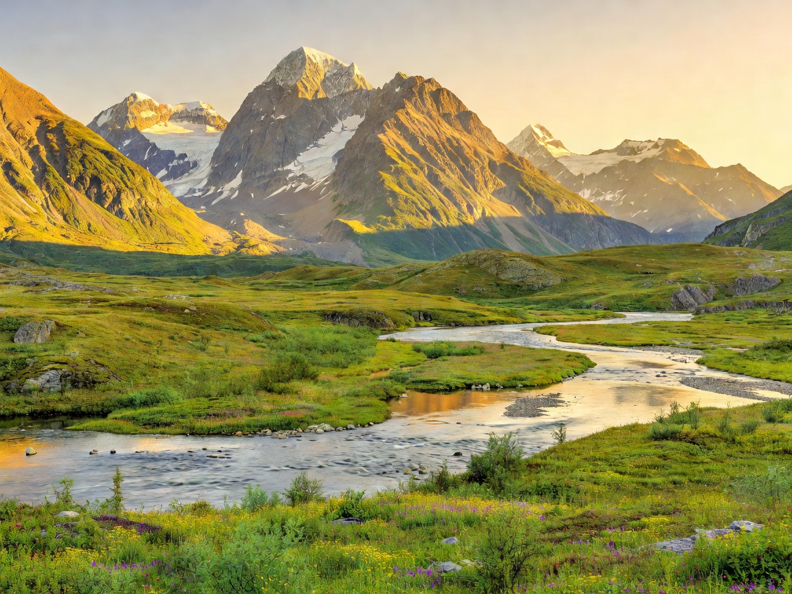 Alaskan mountain wilderness under continuous 24 hour summer sunlight