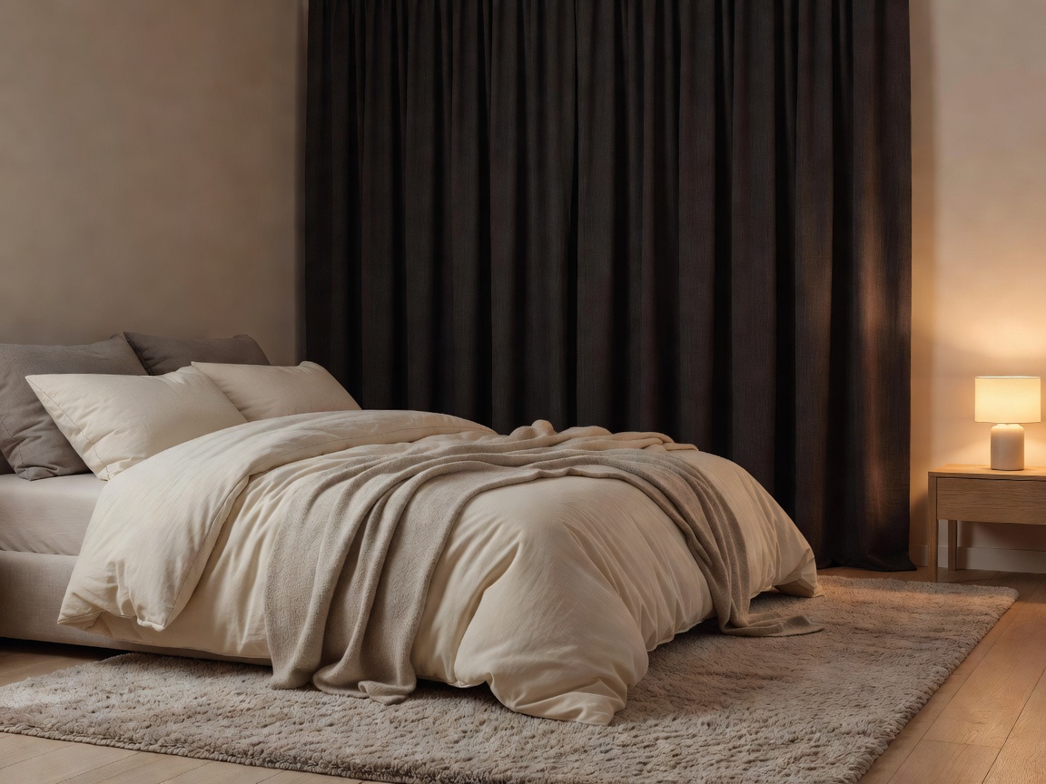 Cozy bedroom with blackout curtains for polar daylight sleep management