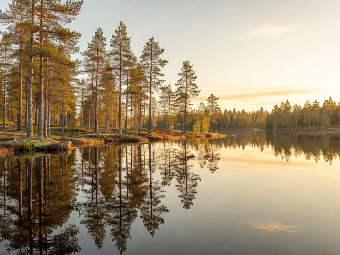 Lush boreal forest and lake reflecting midnight sun in Rovaniemi Finnish Lapland
