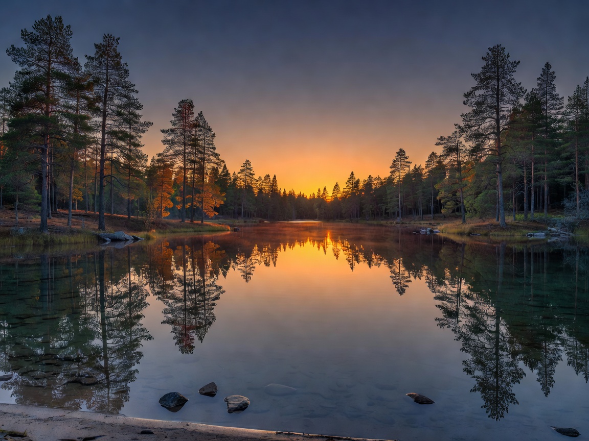 Finnish Lapland pristine lake and pine forest under midnight orange sun
