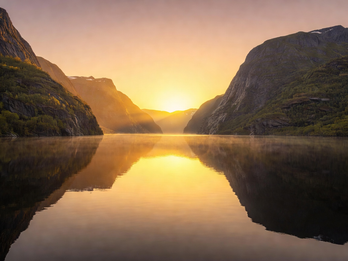 Golden midnight sun over calm Norwegian fjord waters