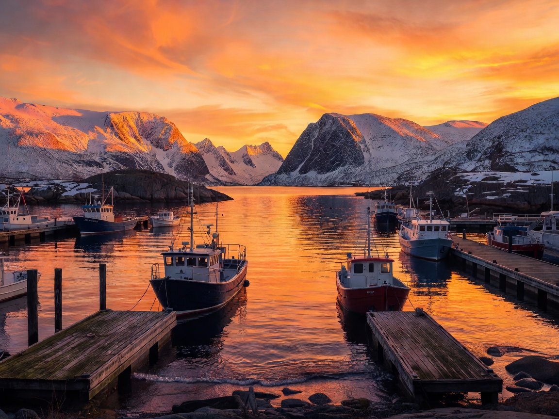 Tromso coastal harbor bathed in radiant orange sunlight at midnight