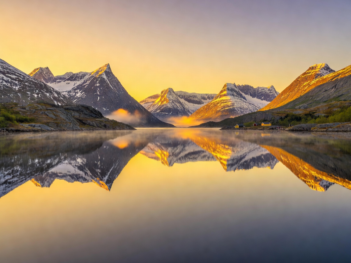 Mountain overlook bathed in orange midnight twilight in Tromso