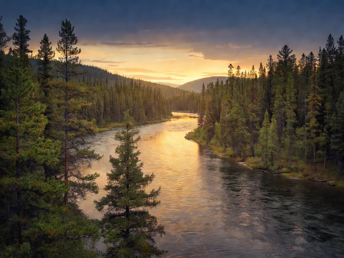 Yukon river and coniferous wilderness under midnight golden glow